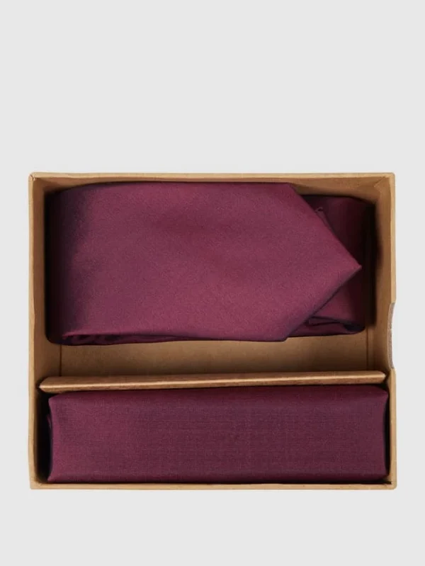 Seidenfalter Krawatte (6 Cm) Und Einstecktuch Im Set – Aubergine 1
